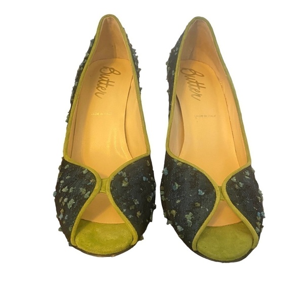 Butter green suede blue fabric peep toe heels Size 8 - Picture 5 of 9